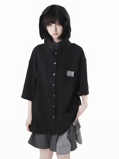 Black/Apricot Techwear Hooded T-Shirt