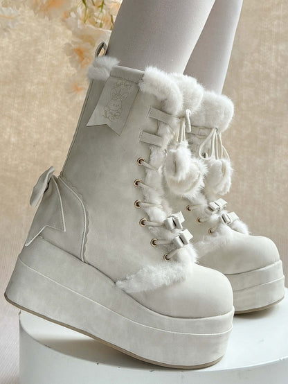 Platform Sweet White Winter Boots for Lolita - Fleece Lining with Heart And Star Pompon Charm Shoelaces & Bow Decor