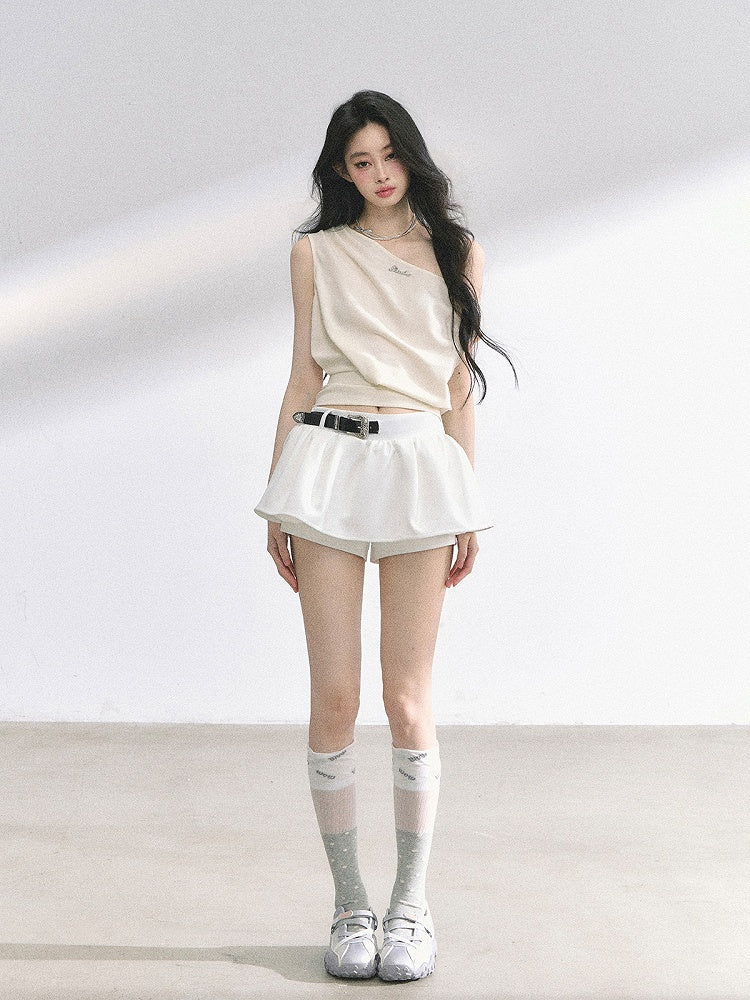 Apricot/Khaki Asymmetrical Neckline Self-tie Bow Back T-shirt