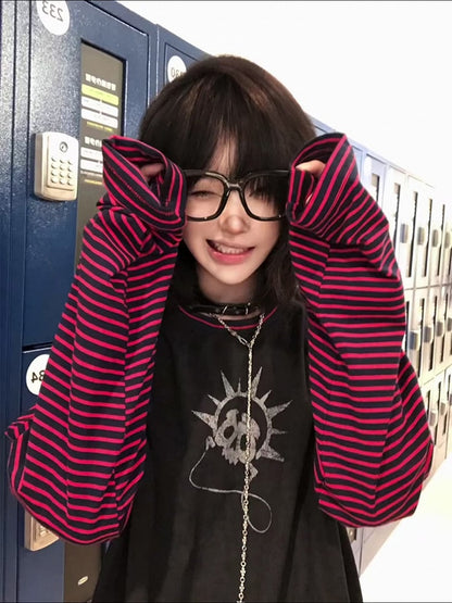 Y2K Black & Red Striped Color Block Top with Skeleton Print