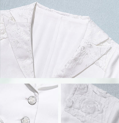 White Lace Trim Hemline and Cuffs Cropped Blazer