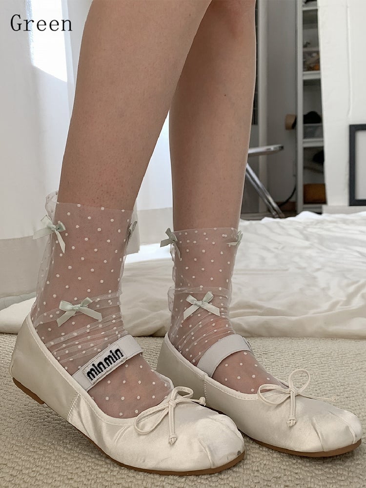 White/Black/Brown/Gray/Purple/Green Polka-dot Pattern Bowknot Details Calf Socks