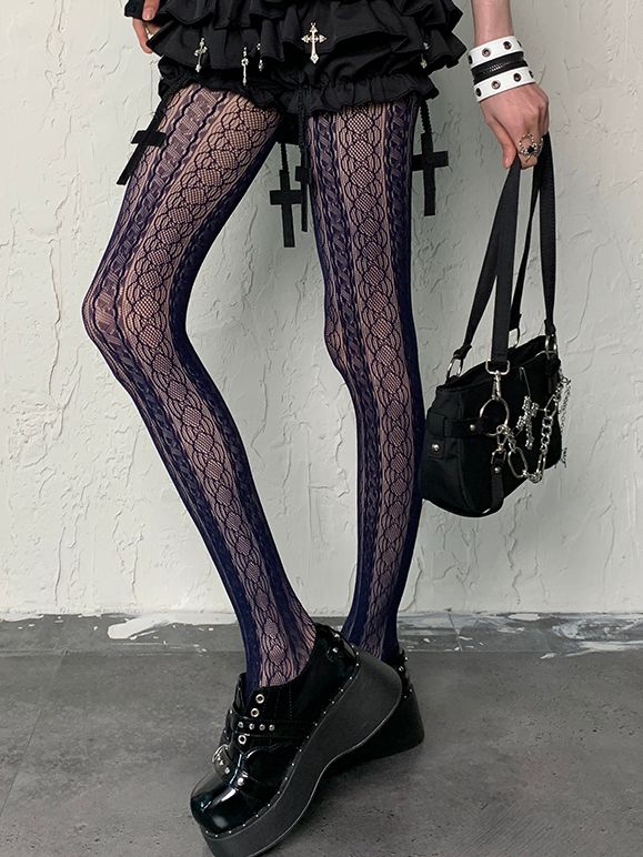 Gyaru Fashion Navy Blue Hollow-out Design Y2K Tights