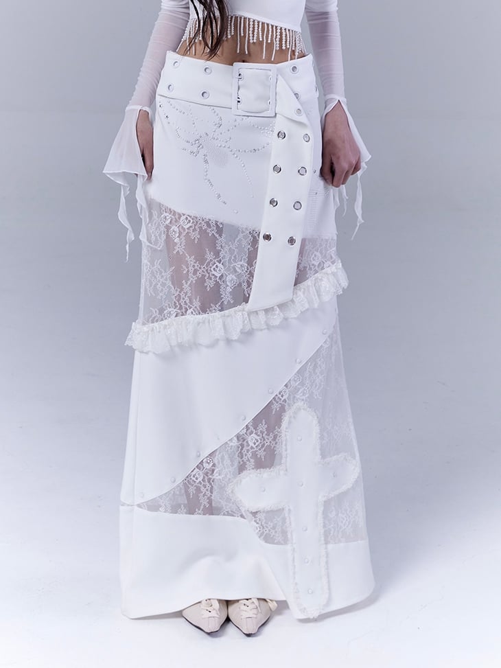 White Low Waist Lace Patches Cross Applique Punk Skirt with Buckle Belt