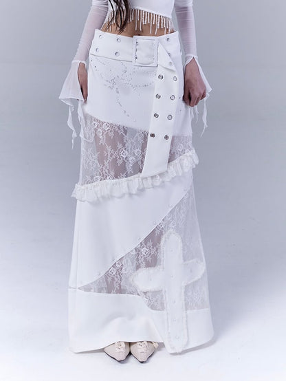 White Low Waist Lace Patches Cross Applique Punk Skirt with Buckle Belt