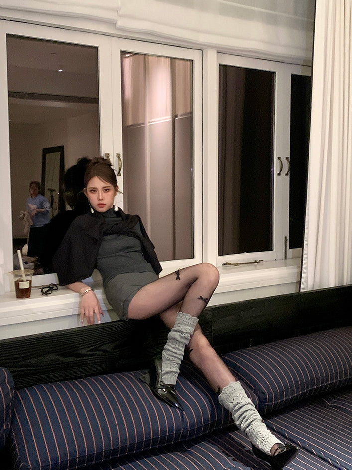 Gray/White/Black Hollow-out Knitted Leg Warmers