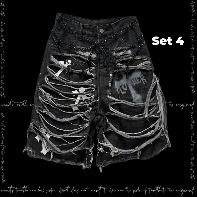Dark Gray Cross Appliques Distressed Holes Y2K Glamorous Denim Shorts