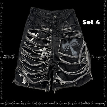 Dark Gray Cross Appliques Distressed Holes Y2K Glamorous Denim Shorts