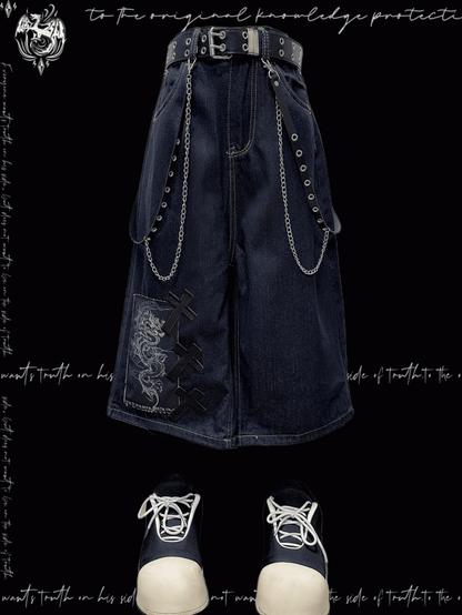Dark Blue Dragon and Cross Appliques Punk Wide-Leg Jeans