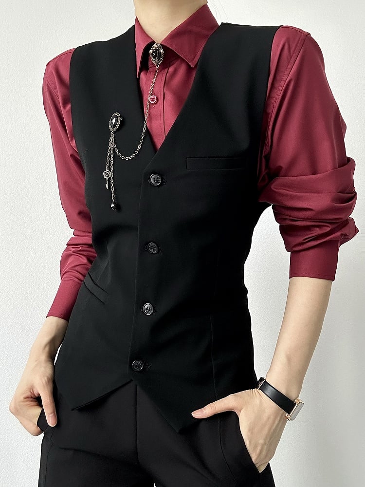Ouji Lolita Wine Red Pointed Collar Unisex Shirt with Button Front & Cuff
