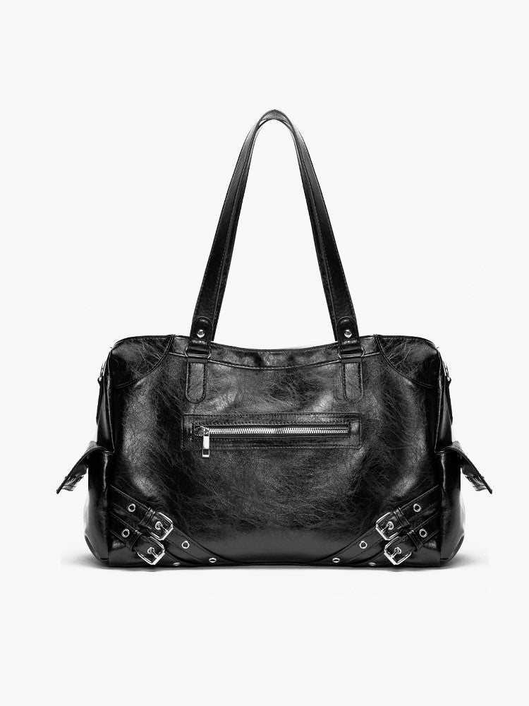 Black Studded Tote Bag With Buckle Strap Accents&Large Capacity