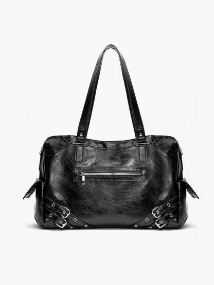 Black Studded Tote Bag With Buckle Strap Accents&Large Capacity