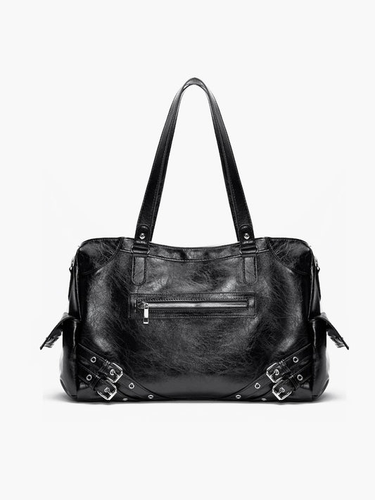 Black Studded Tote Bag With Buckle Strap Accents&Large Capacity