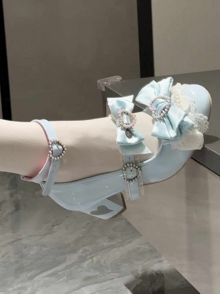 Blue Bow at Top Heart Cut-out Heels Mary Janes
