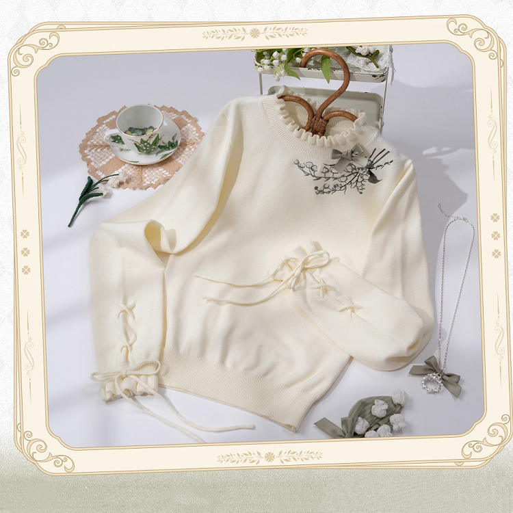Beige Lily of the Valley Embroidery Lace-up Cuffs Autumn Knit Top
