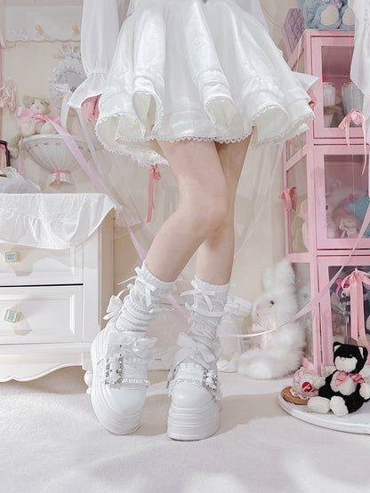 White Bow Accents Beaded Buckle Design Jirai Kei Platforms Shoes