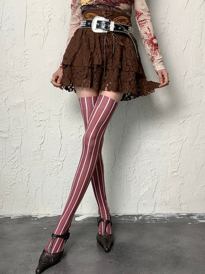 Brown Wasteland Punk Striped Pattern Overknee Stockings