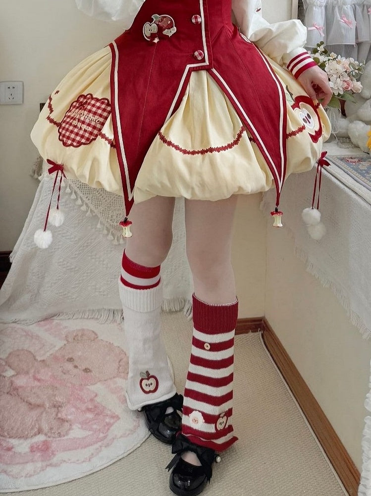 Sheep Embroidered Leg Warmer/White Apple Embroidered Leg Warmer/Red and White Striped Calf Sock Set