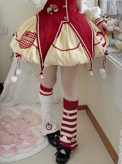 Sheep Embroidered Leg Warmer/White Apple Embroidered Leg Warmer/Red and White Striped Calf Sock Set