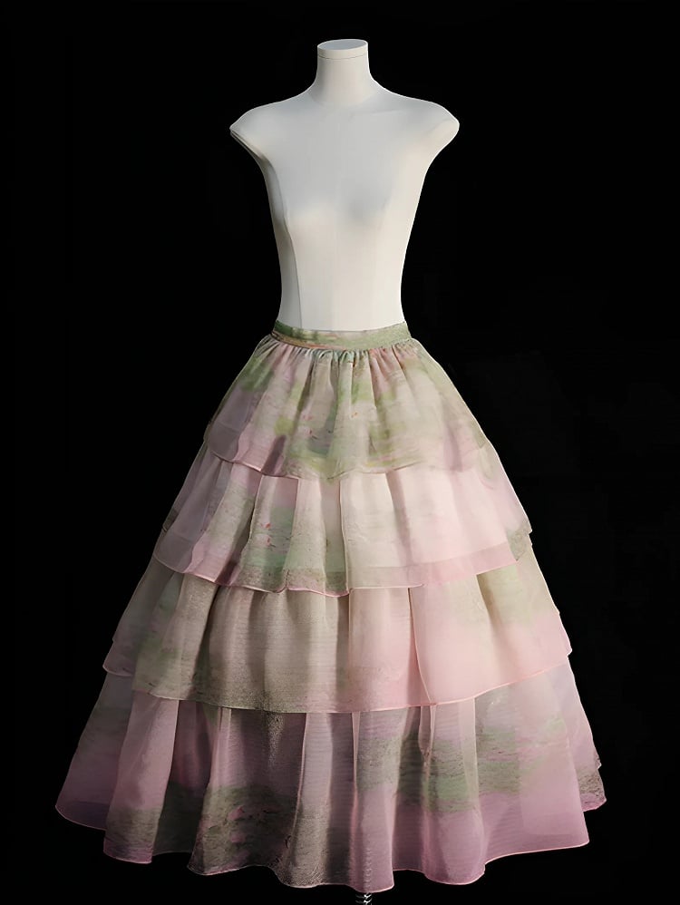 Sky Blue/Light Pink/Purple/Green Oil Painting Print Organza Tiered Skirt