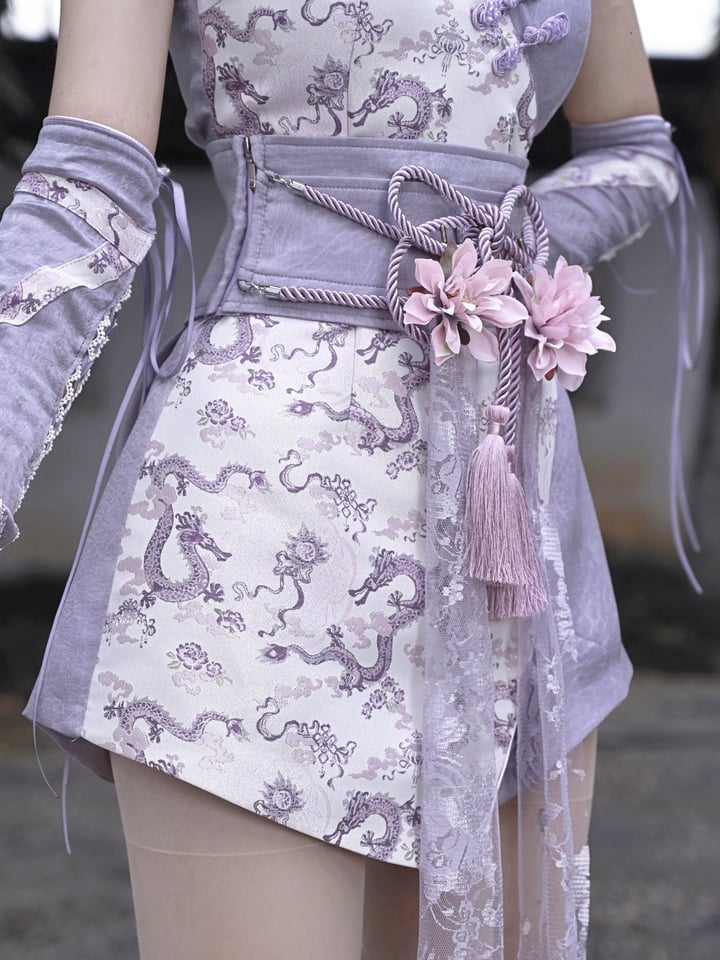Purple Flower Chinoiserie Knot Corset Belt