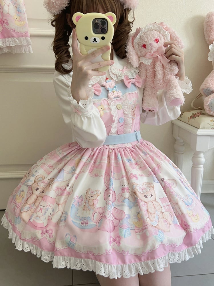 Teddy Print Pink Sweet Lolita Overall Dress