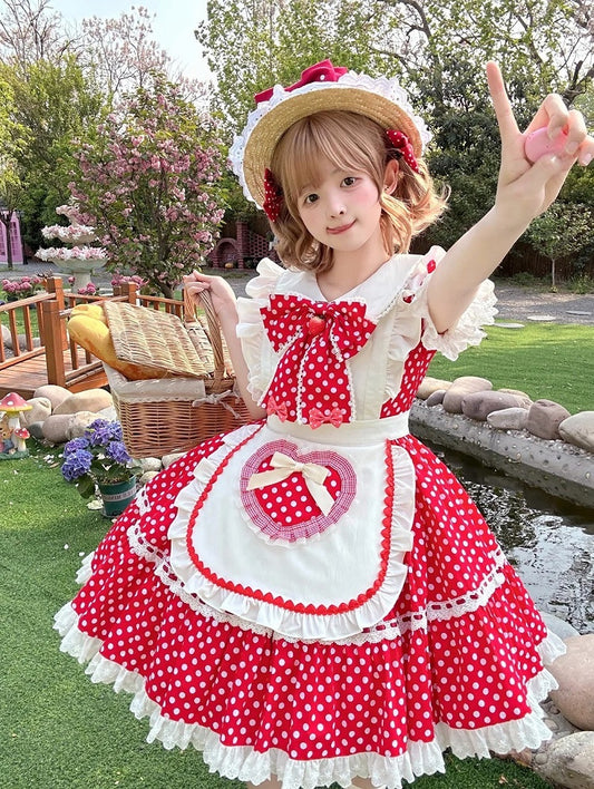 White Polka Dots Red Old School Lolita Peter Pan Collar Dress + Maid Apron + Strawberry Big Bow