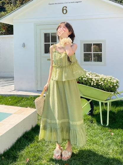 Mori Kei Green Pompon Tassel Hem Lace Trim A-line Skirt