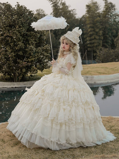 Gorgeous Hanayome Lolita Creamy White Bow Accents Wedding Dress / Full Set