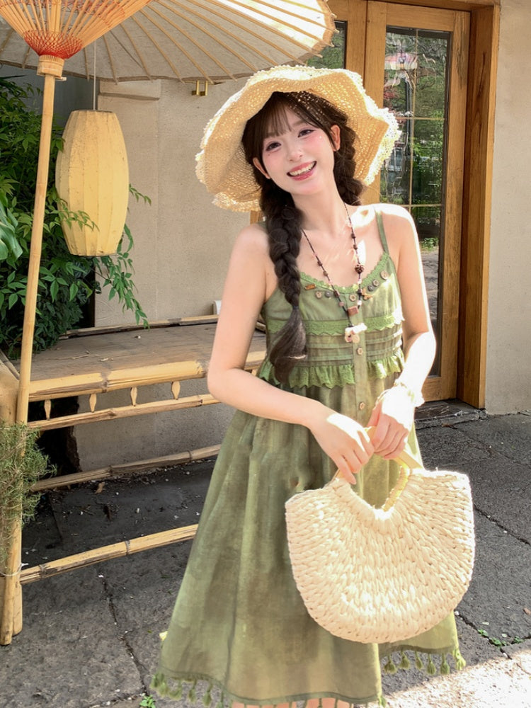 Green Tassel Hem Buttons Embellished Neckline Mori Kei Cami Dress