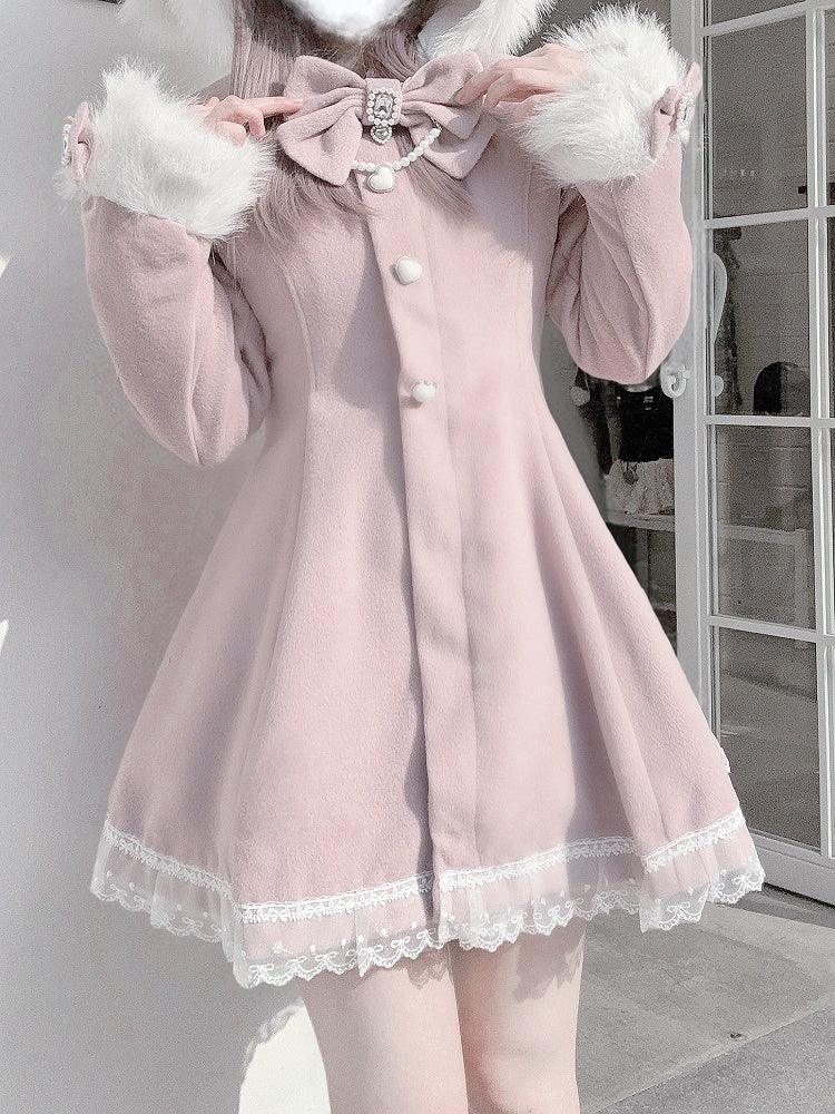 Jirai Kei Pink A-Line Waisted Coat | Detachable Plush Bunny Ear Hood & Bowknots