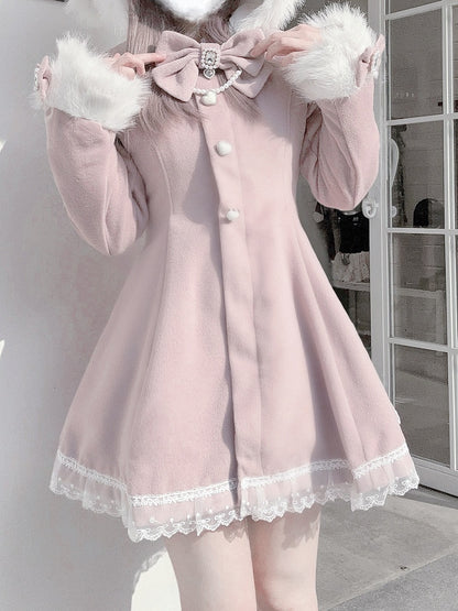 Jirai Kei Pink A-Line Waisted Coat | Detachable Plush Bunny Ear Hood & Bowknots