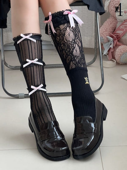 White/Black Lolita Y2K Under-knee Stockings With Pink Rabbit Ears And Bowknot Details