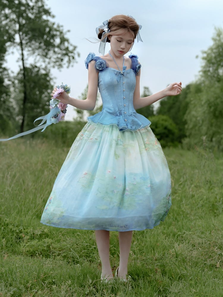Sky Blue Flounce Hem Boned Corset Top with Detachable Floral Adornments