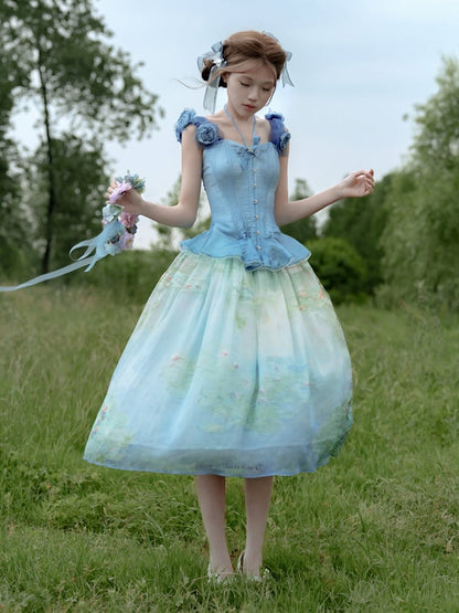Sky Blue Flounce Hem Boned Corset Top with Detachable Floral Adornments