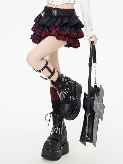Ruffle Hem Black Punk Tiered Skirt with Free Waist Belt