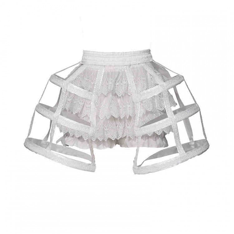 White Victorian Goth Lace Birdcage + Tiered Lace Shorts