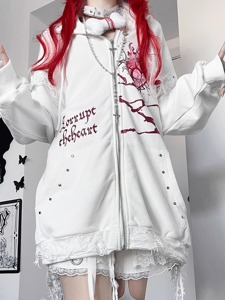 White Guro Kawaii Heart And Letter Print Studs Decorated Cat Ear Zip-up Hoodie