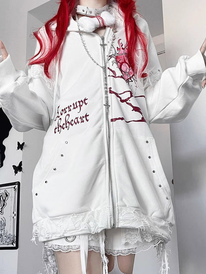White Guro Kawaii Heart And Letter Print Studs Decorated Cat Ear Zip-up Hoodie