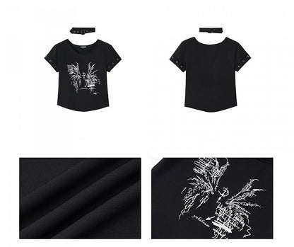 Black Wings Print Cotton Cropped T-shirt with Choker