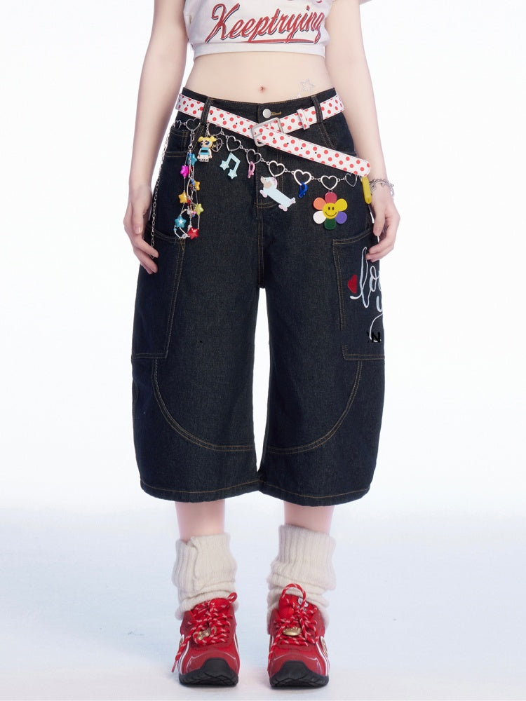 Black Low Waist Heart Embroidery Wide-leg Cargo Jeans