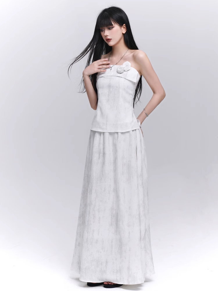 Off-white Floral Embellished Strapless Top / Elastic Waist Skirt