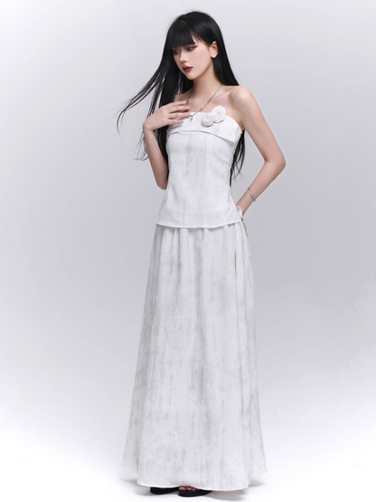 Off-white Floral Embellished Strapless Top / Elastic Waist Skirt