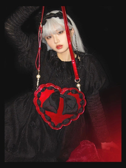 Red Heart-Shaped Lolita Bag with Black Bow & Pearl Handle