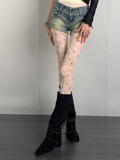 Milk White Y2K Star Print Punk Tights