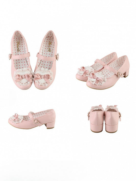 Pink Bow at Top Lace Trim Beaded Heart Buckles Lolita Shoes