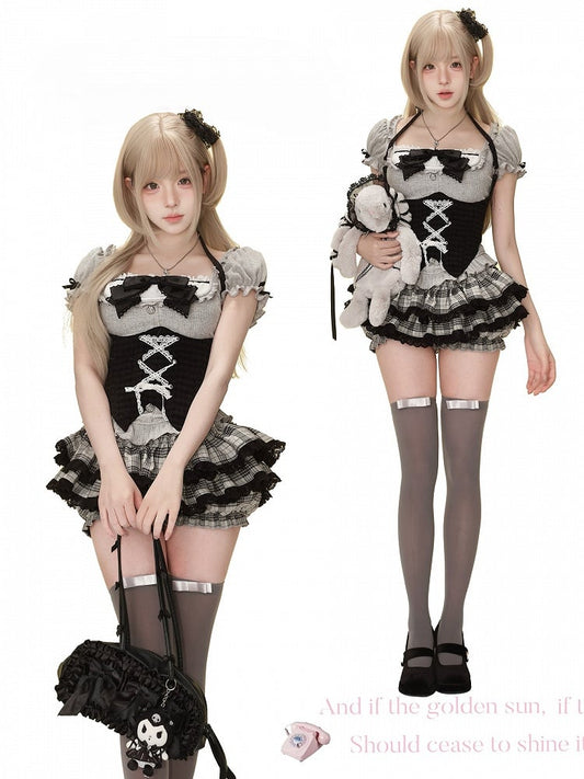 Black Plaid Lace-Up Halter Corset Top