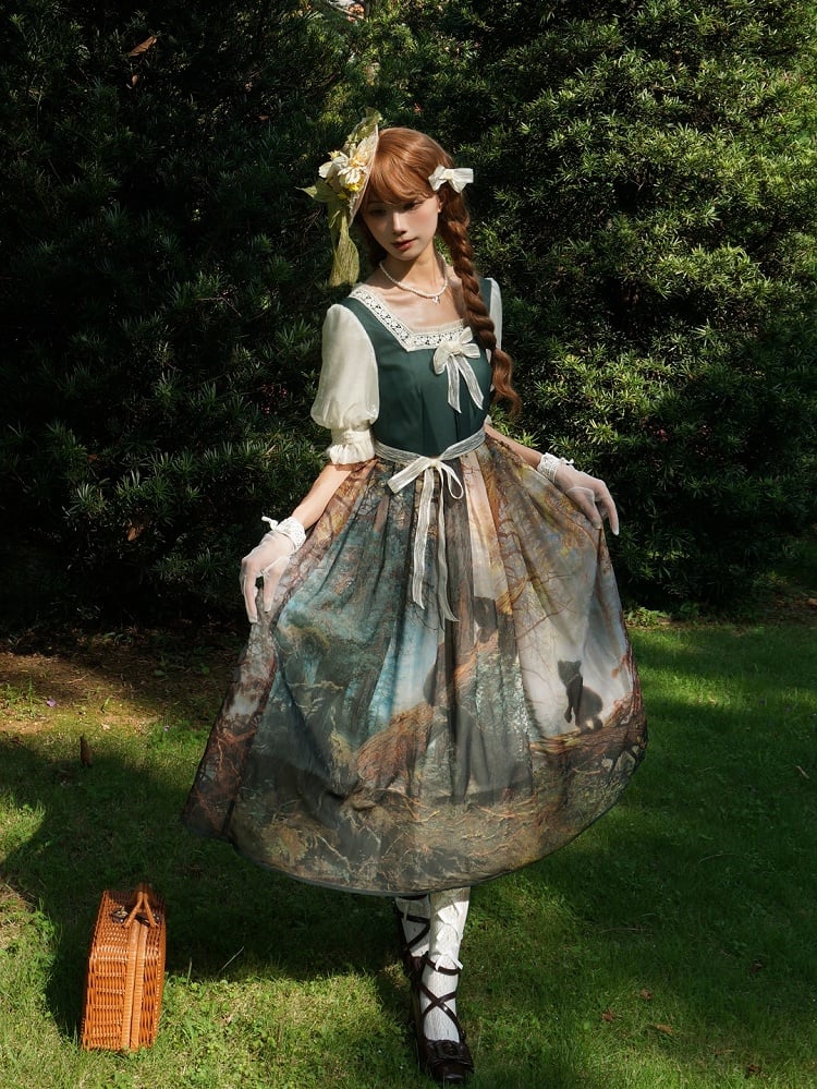 Dark Green Square Neckline Forest Print Elegant Classic Lolita Dress with Bow Detail