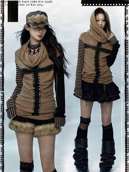 Black&Brown/Red&Black Striped Sleeves Top with Cross Design