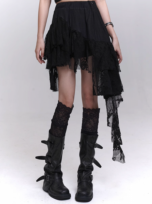 Black Lace Patchwork Cascading Ruffles Skirt